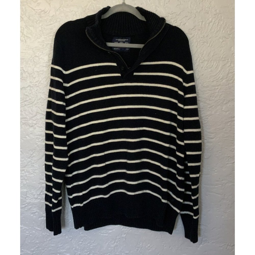 American Eagle AEO Mens Half Zip Logo Striped white Blue Cotton Sweater large